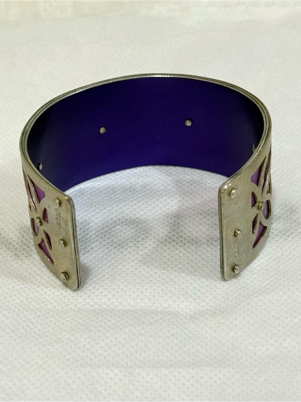 Two Tone Handmade Purple Floral Cutout Cuff Bracelet by Jewelry Artist GOGO - Picture 4 of 6